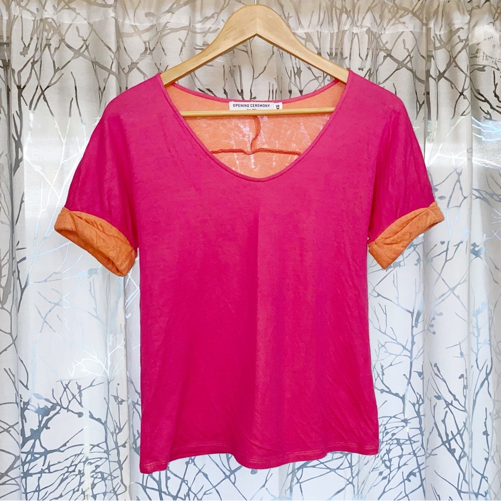 OPENING CEREMONY pink orange round neck fold rolled up sleeves tee shirt top